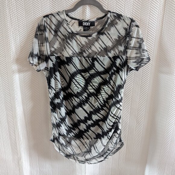 DKNY Short Sleeve Ruched Black & White Abstract Print Mesh Lined Top Medium - Picture 3 of 9